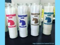 prayer candles with Abortions Are Magical and silhouette head of a unicorn
