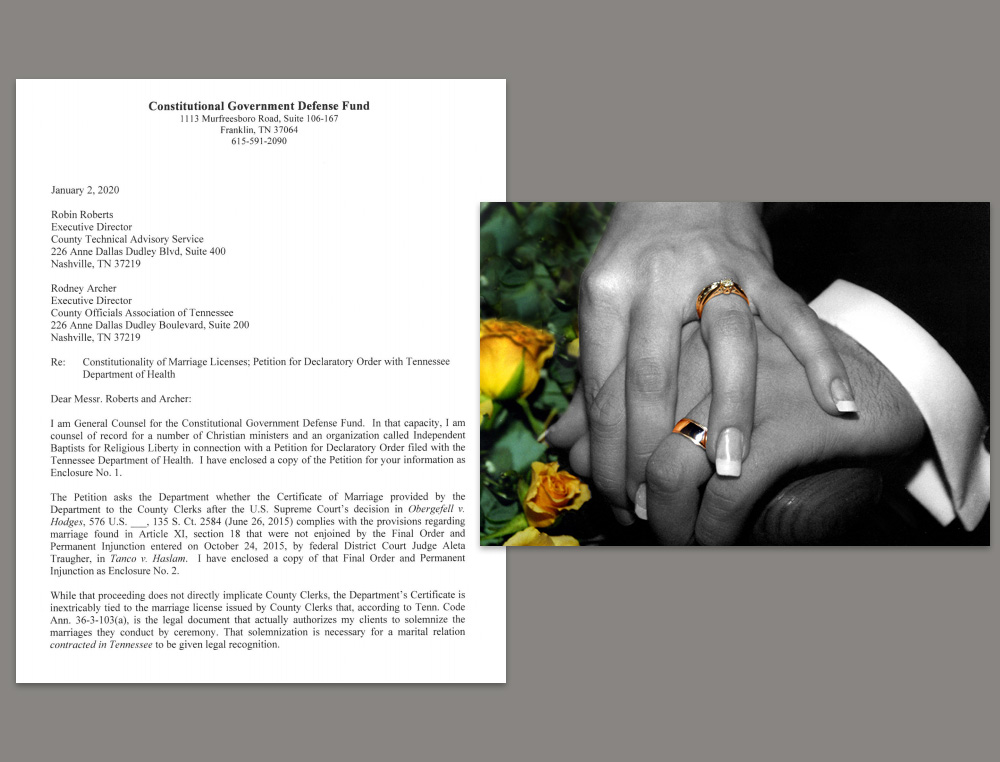 copy of the first page of the letter to TN county clerks and an image of a husband and wife's wedded hands