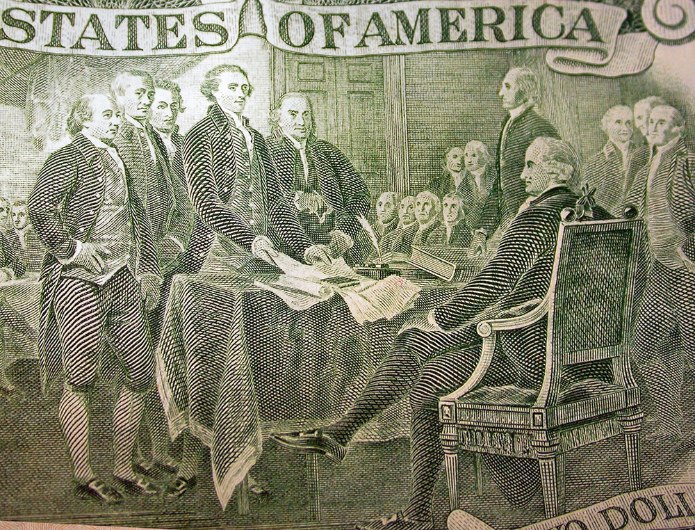 the Founding Fathers on the back of a two dollar bill