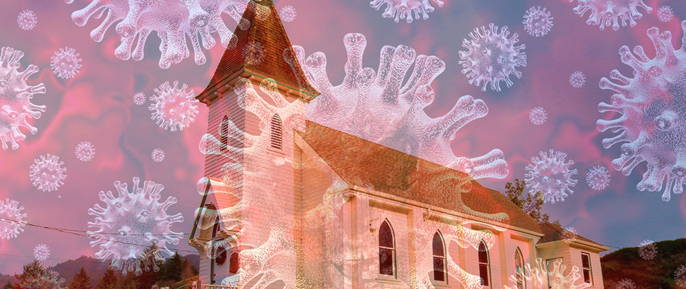 church with superimposed image of the coronavirus