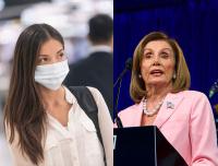 Photo of a woman wearing a mask and a photo of Nancy Pelosi