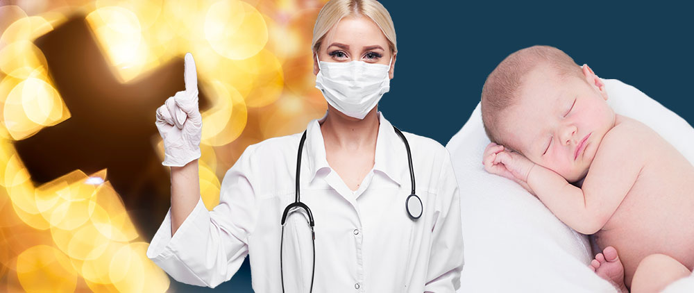 doctor in a mask, a cross, and a baby sleeping on a blanket