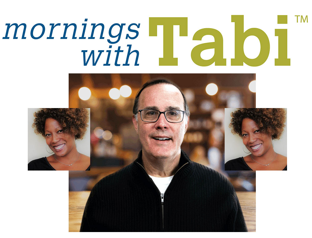 Mornings with Tabi logo, Tabi Upton, and David Fowler