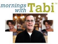 Mornings with Tabi logo, Tabi Upton, and David Fowler