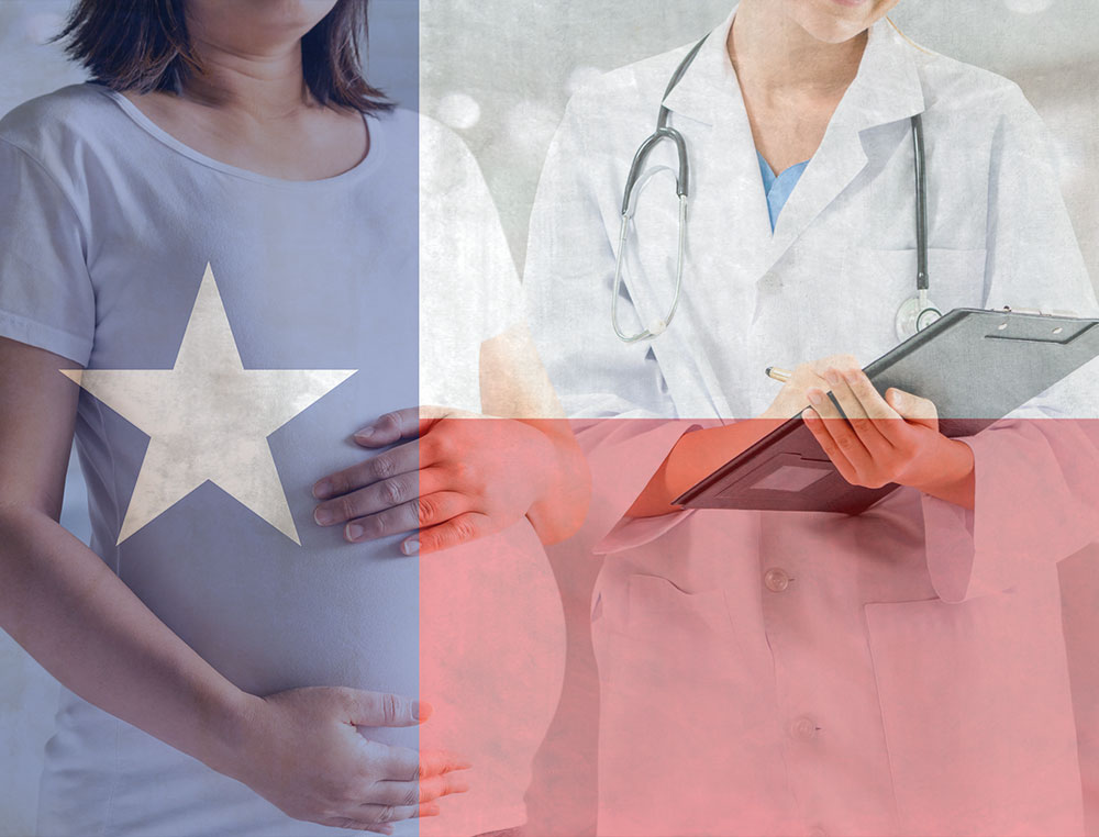Texas flag superimposed over photo of pregnant woman with a doctor