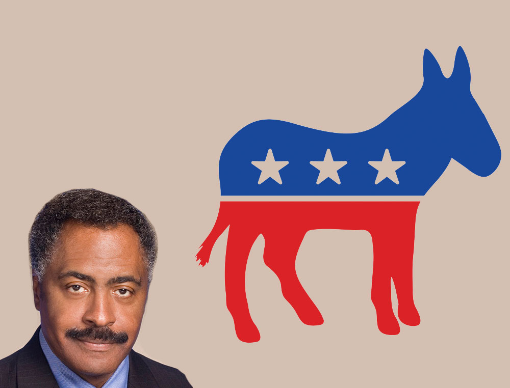 John DeBerry and an illustration of the Democratic platform's donkey