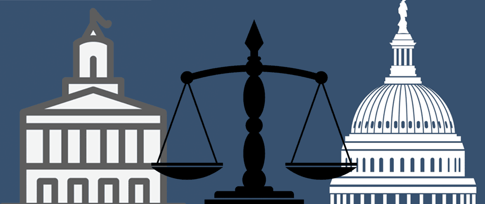 line drawing of the TN capitol and the U.S. capitol with legal scales in between