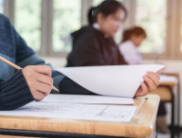 row of desks in classroom