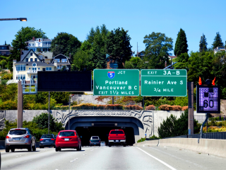 Cars driving along a freeway 