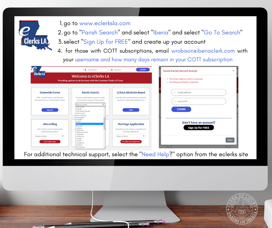 Screenshot of E-Clerks Account signup instructions