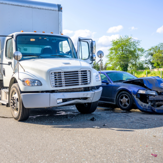 Commercial Truck next to a car with dented front