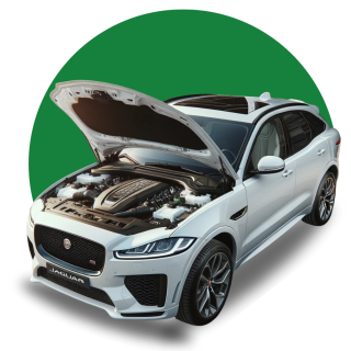 Jaguar SUV with it's hood open showing a remanufactured engine installed