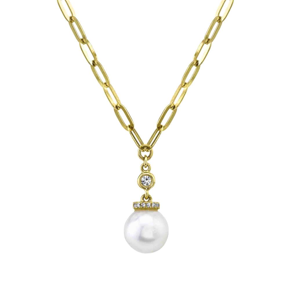 Diamond & Cultured Pearl Paper Clip Link Necklace
