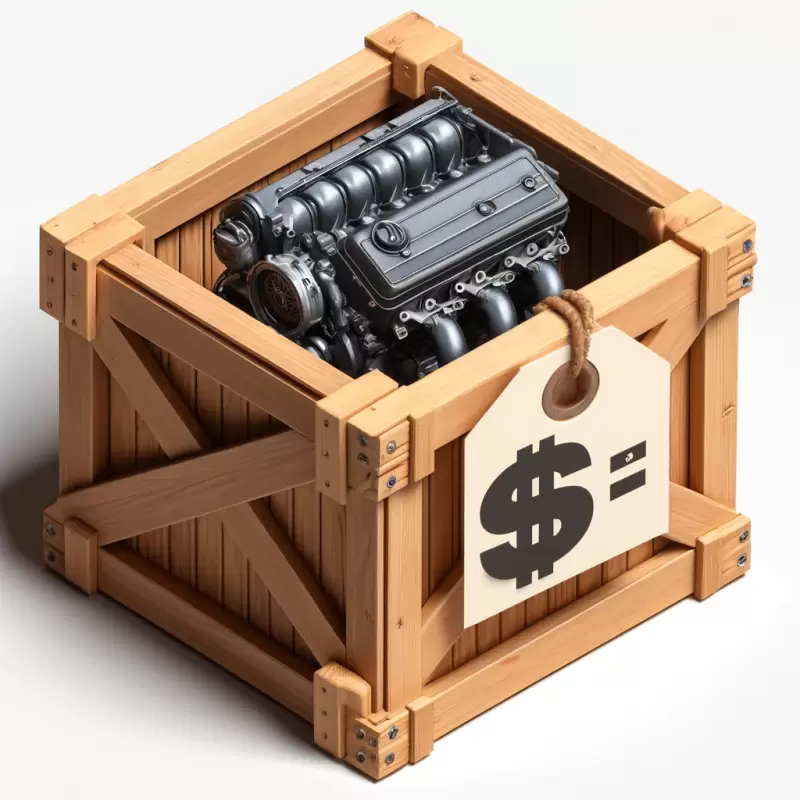 New engine in a shipping crate with a price tag