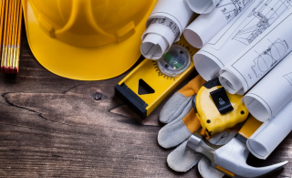 Construction hard hat and tools