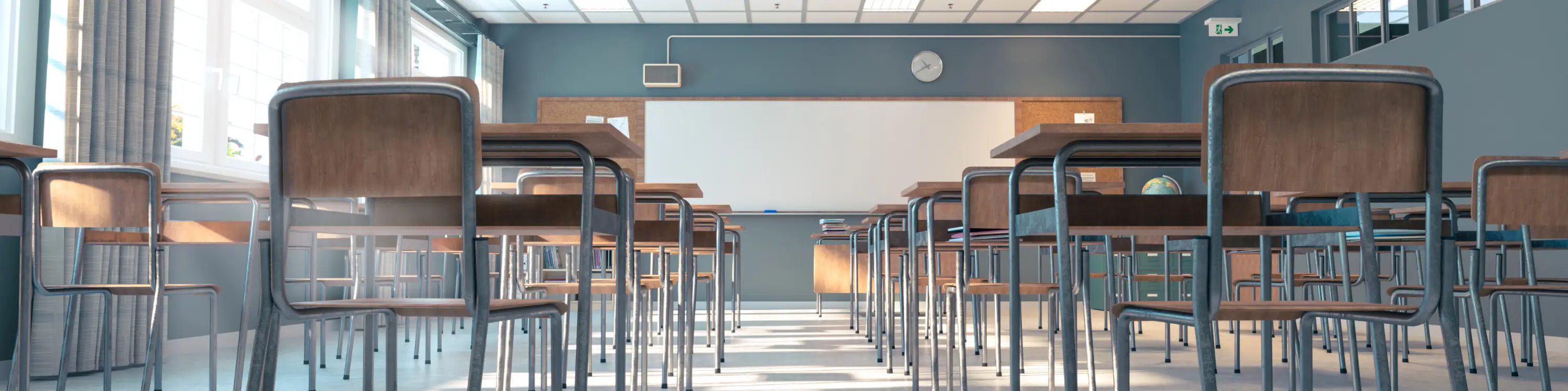 Empty classroom shown from the back at floorlevel