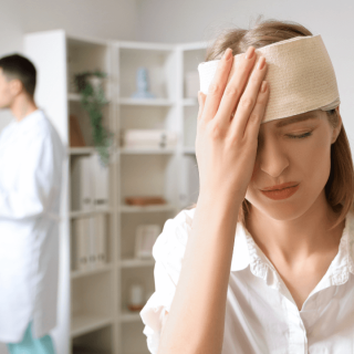 A woman holding her bandaged head in pain after a traumatic brain injury - Traumatic Brain Injury attorney in Dallas Sloan Firm