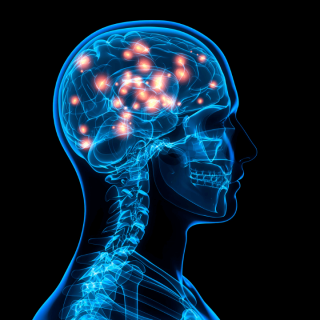 A transparent human head showing pain in the head area with orange spots - Sloan Firm Traumatic Brain Injury Attorney