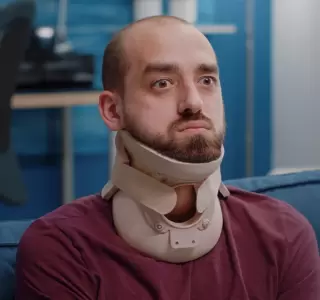 a bald man in a neck brace due to an injury