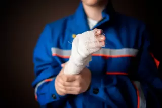 an industrial worker in a blue and red uniform holding their broken wristbone after a workplace injury