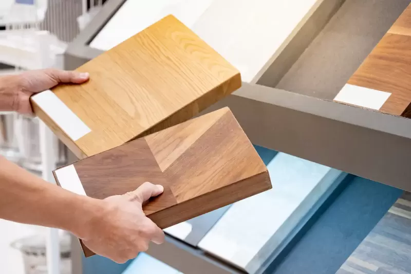 Person holding and comparing two wood flooring tile samples