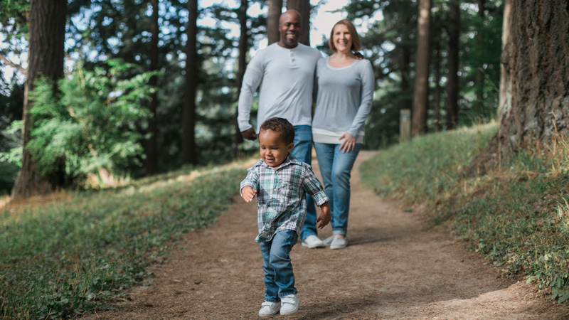 family walking through a forest