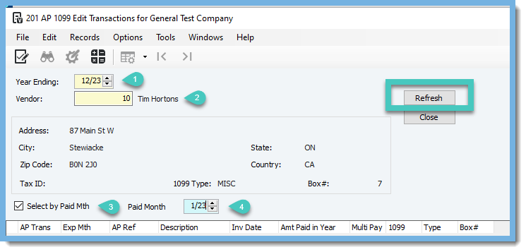 Viewpoint AP Module 1099 Edit Transaction Screen