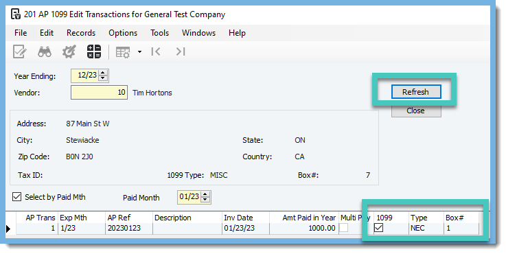 Viewpoint AP Module 1099 Edit Transaction Screen