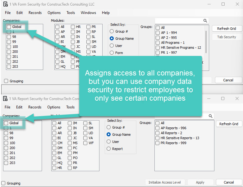 Form Security Screenshot highlighting Global selections