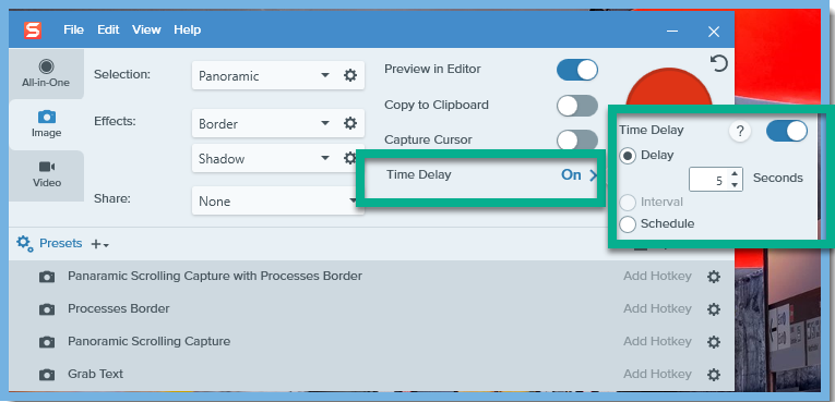 Snagit Capture Menu, no Preset Key, Time Delay feature, Time Delay Button, Delay Seconds