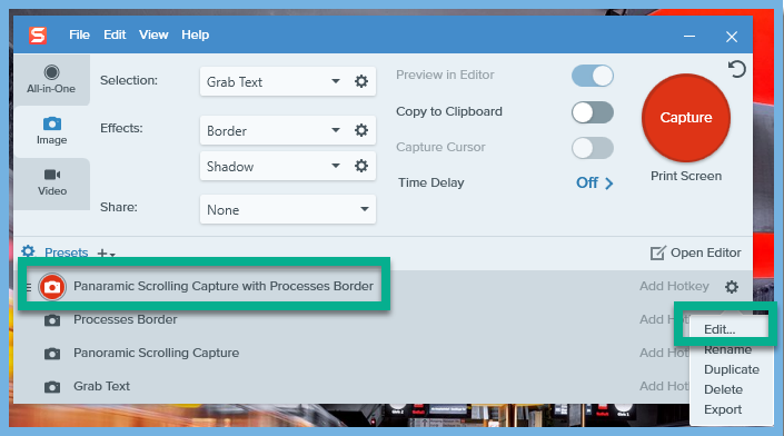 Snagit Capture Menu, Preset Key, Edit