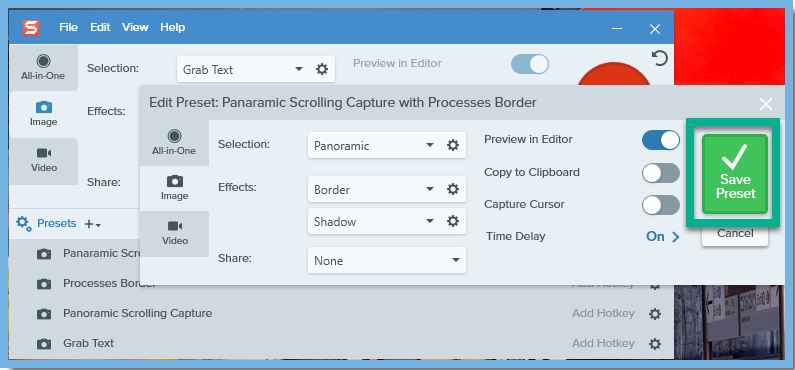 Snagit Capture Menu, Preset Key, Save Preset