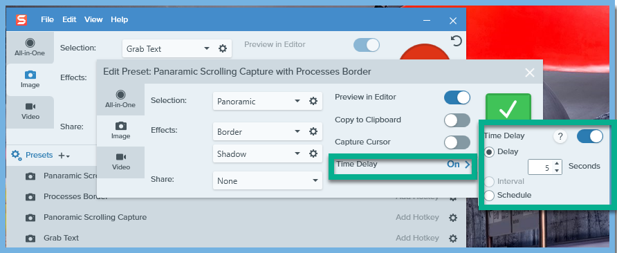 Snagit Capture Menu, Preset Key, Time Delay Feature, Time Delay Button, Delay Seconds