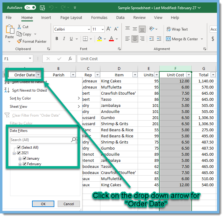 Excel worksheet with sample data.  Click on the drop down arrow for Order Date field.