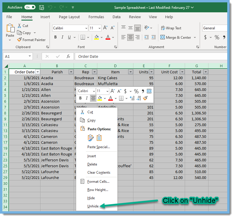 Excel worksheet with sample data.  Click on unhide to unhide the hidden rows.