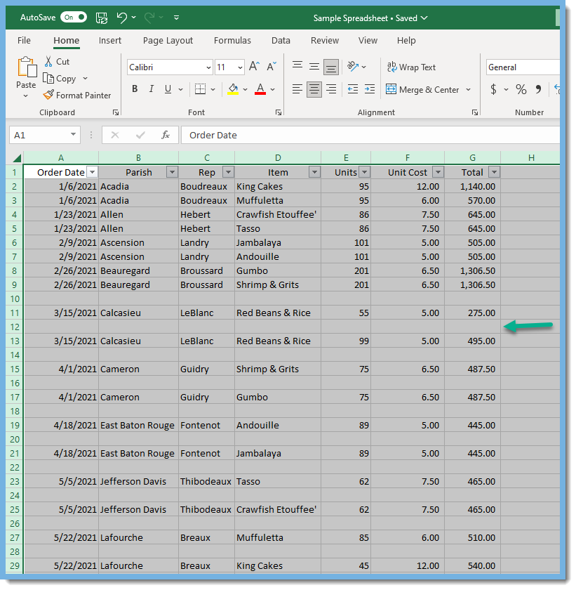 Excel worksheet with sample data showing the blank rows that were hidden.