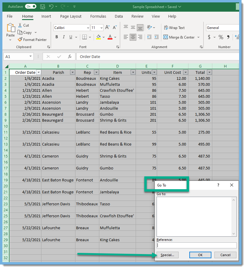 Excel worksheet with sample data showing the Go to box and the special button.