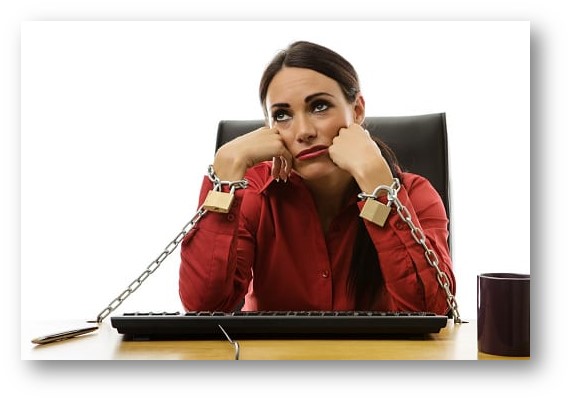 female chained to her desk