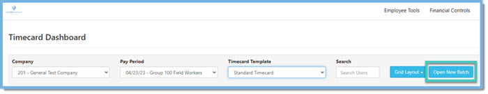 Screenshot of Timecard Dashboard in VistaWeb