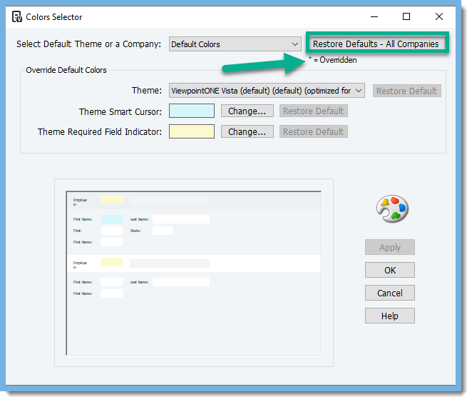 Asterisk = Overridden; Restore Defaults - All Companies