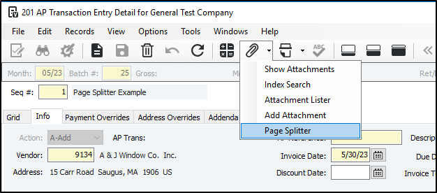 screen clip of ap transaction entry