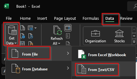 a screen snip of excel's menu showing how to import a text file