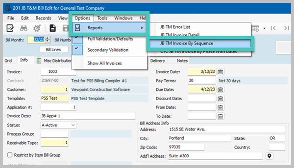 Screenshot of T&M Report Selection in Vista