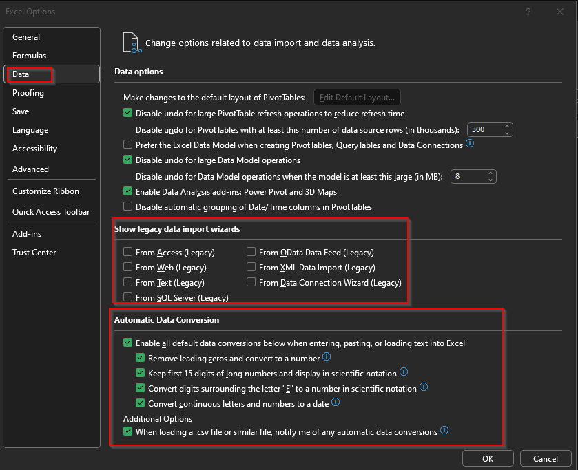 Screen shot showing Excel/File/Options/Data options.