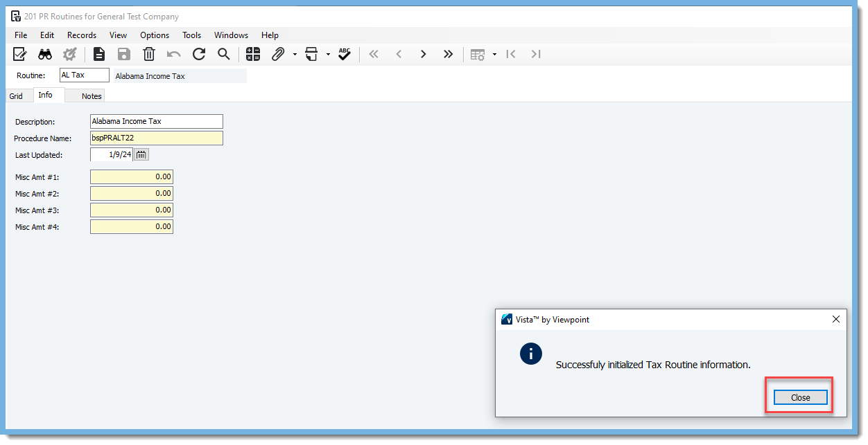 Successfully initialized Tax Routine information.
