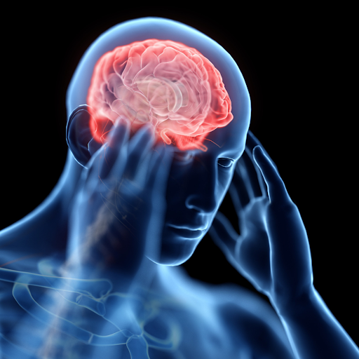 hologram of person holding their head, implying a brain injury