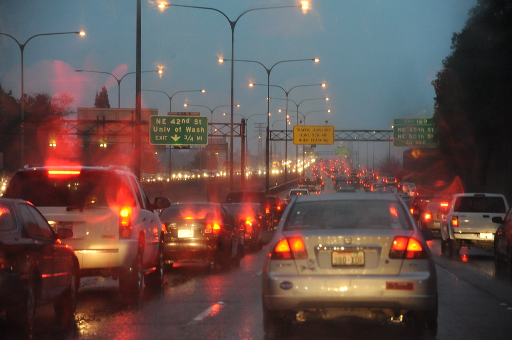 Cars in rainy traffic in Seattle