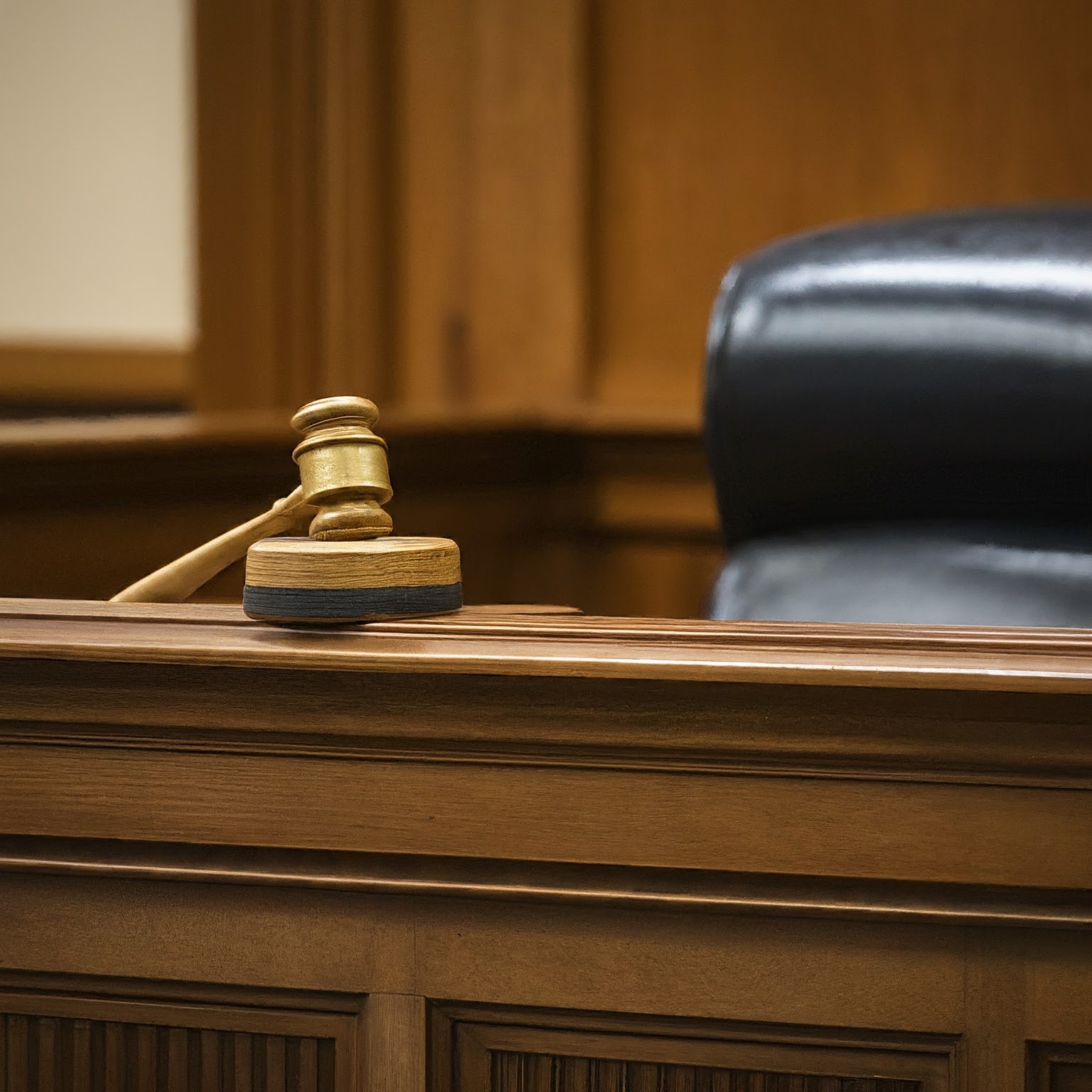 Gavel on a judge's desk in a courtroom