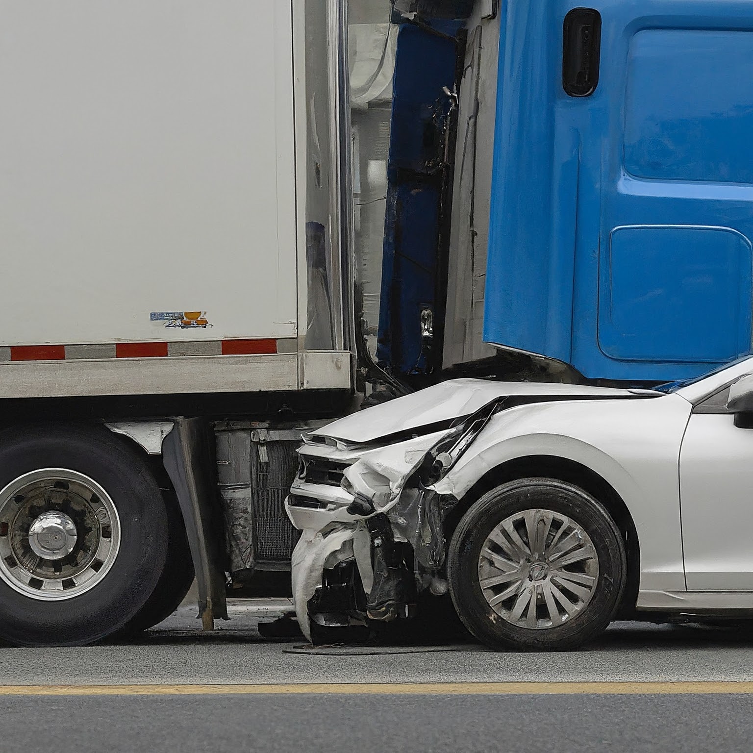 White car crashed into blue semi truck