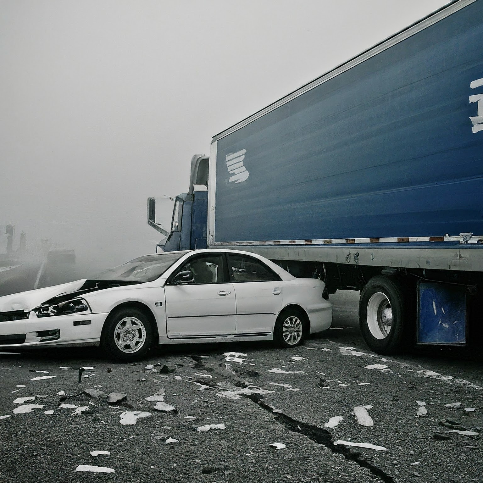 White car crashed next to a blue semi truck